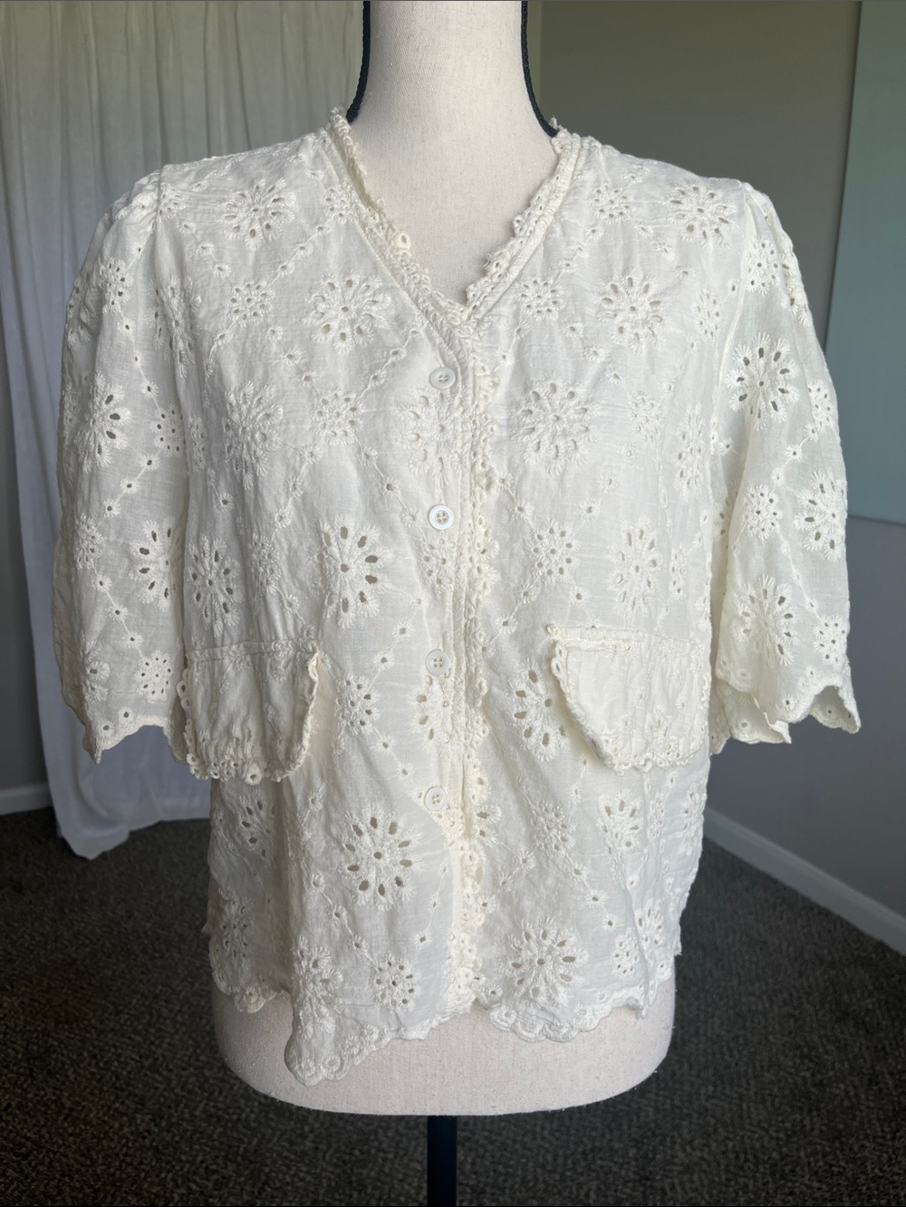 Cream Cotton Eyelet Lace Blouse Scallop Hem Cottagecore Boho Puff Sleeve Top L
